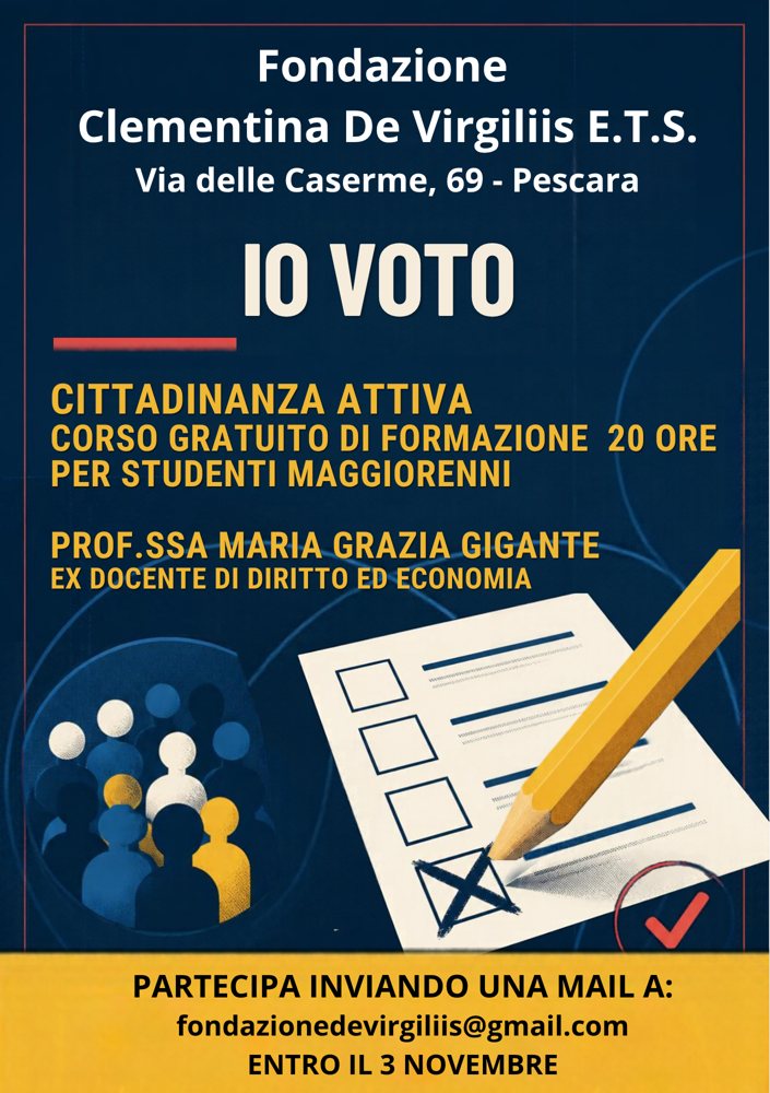 Volantino del corso Io voto: Cittadinanza attiva, corso gratuito di formazione di 20 ore per studenti maggiorenni